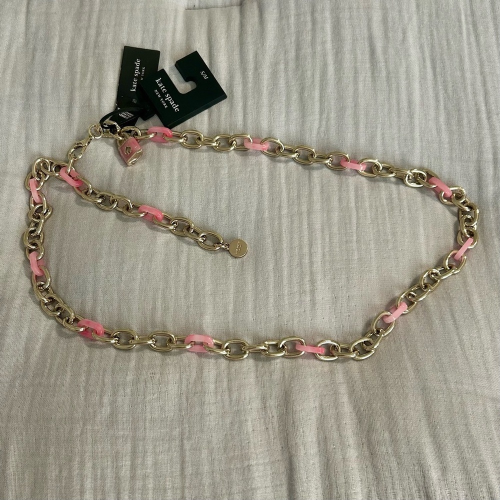 NWT Authentic Kate Spade Iron Gold and Resin Pink Chain Belt Sz S/M - Picture 2 of 4